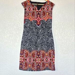 ILE NEW YORK dress black white Paisley sz 8 cap sleeve career stretch academia